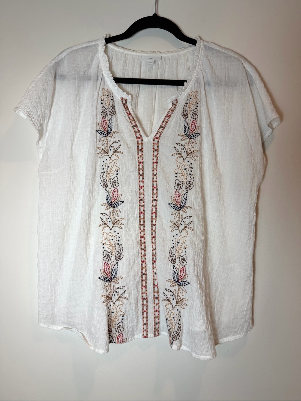 J. Jill White Embroidered Cotton Gauze Boho Peasant Blouse Top Size Medium